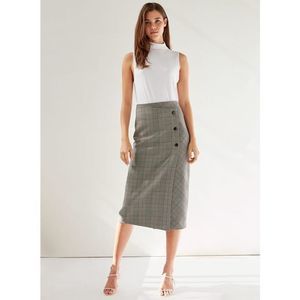Aritzia Babaton Women's Billy Gray Plaid Button Front Wrap Pencil Midi Skirt Siz